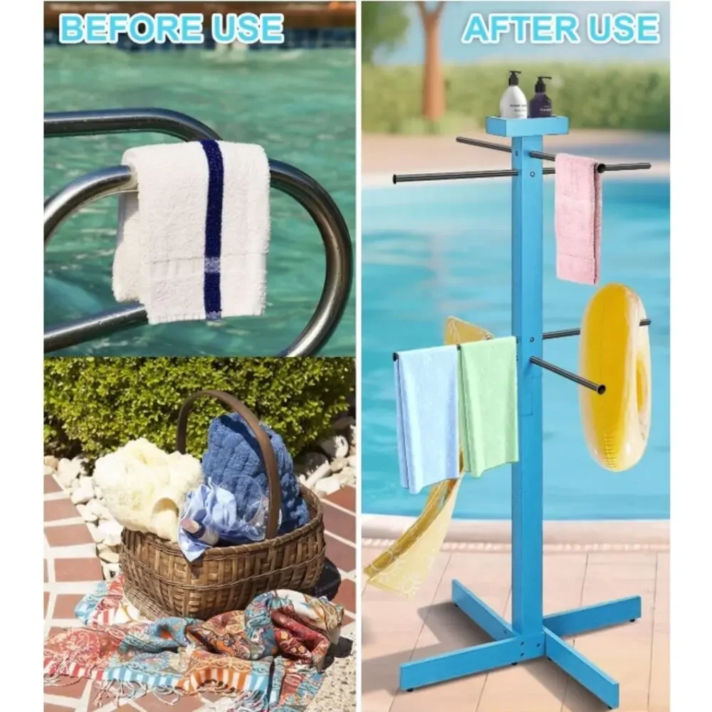 Outdoor Pool Towel Rack 53” Wood Stand 4 Adjustable Bars Blue Open Box